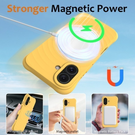 Противоударный чехол Wave Texture MagSafe Magnetic Liquid Silicone для iPhone 16 Plus - желтый