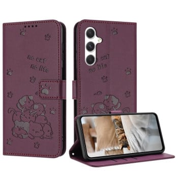 Чохол-книжка Embossed Kitten Phone Leather  для Samsung Galaxy A56 5G - винно-червоний