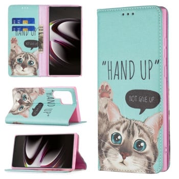 Чехол-книжка Colored Drawing Pattern Invisible для Samsung Galaxy S22 Ultra 5G - Cat