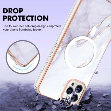 Противоударный чехол Marble Pattern Dual-side IMD Magsafe для iPhone 15 Pro - белый