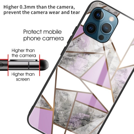 Противоударный стеклянный чехол Marble Pattern Glass на iPhone 13 Pro Max - Rhombus Gray Purple