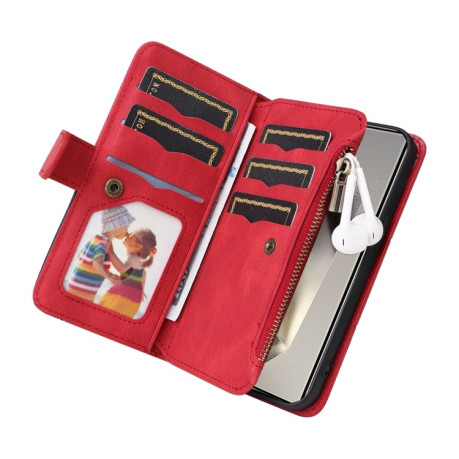 Чехол-книжка Dual-color 9 Card Slots Zipper Wallet Leather для Samsung Galaxy S25 Ultra 5G - красный