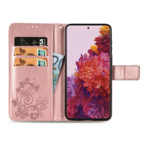 Чехол-книжка Four-leaf Clasp Embossed Buckle на Samsung Galaxy S21 Ultra - розовый