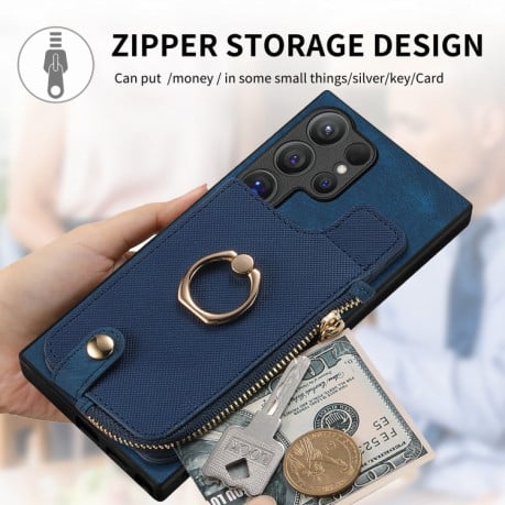 Чохол Cross Leather Ring Vertical Zipper Wallet на Samsung Galaxy S24 Ultra 5G - синій