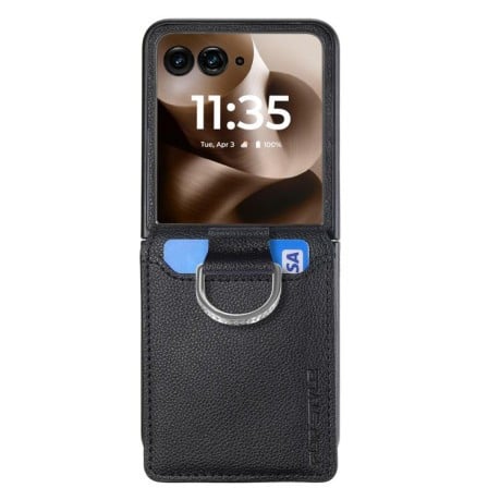 Протиударний чохол Litchi Texture Leather Ring Wallet  на Motorola Razr 60 Ultra - чорний
