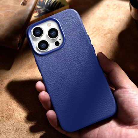 Кожаный чехол iCarer Litchi Premium для iPhone 14 Pro Max - синий