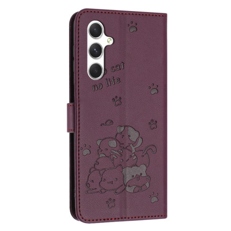 Чохол-книжка Embossed Kitten Phone Leather  для Samsung Galaxy A56 5G - винно-червоний