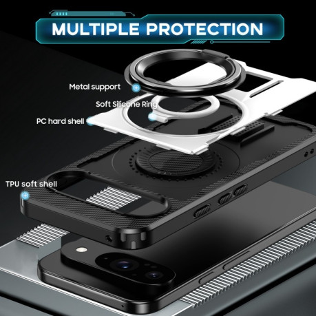 Противоударный чехол Ring Holder Carbon Fiber PC Hybrid TPU для Google Pixel 9 / 9 Pro - белый