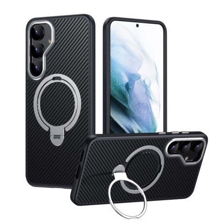 Чохол Double Ring MagSafe Holder Carbon Fibre  для Samsung Galaxy S25+ 5G - сріблястий
