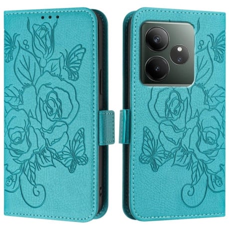 Чехол-книжка Embossed Rose RFID Anti-theft Leather для Realme GT 6T 5G Global - голубой