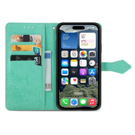 Чехол-книжка Mandala Embossing Pattern на iPhone 16e - зеленый