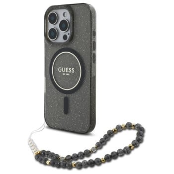 Оригинальный чехол Guess IML Glitter With Pearl Strap MagSafe для iPhone 16 Pro - black