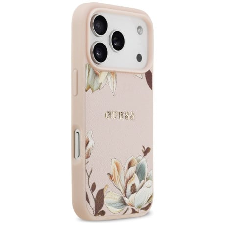 Оригинальный чехол Guess Grained Flowers Classic Logo с MagSafe на iPhone 17 Pro Max - pink