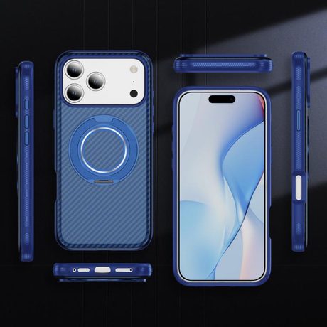 Карбоновий чохол Carbon Fiber Gear Holder C Type з тримачем та MagSafe на iPhone 18 Pro Max / 17 Pro Max — прозорий синій/королівський синій
