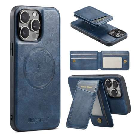 Чохол Fierre Shann Oil Wax Cow Leather Magnetic Card Holder на iPhone 16 Pro - синій