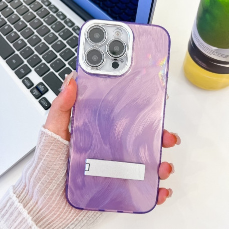 Противоударный чехол Plating Glitter Texture Fold Holder with Lens Film для iPhone 16 Pro Max - Purple Feather Yarn