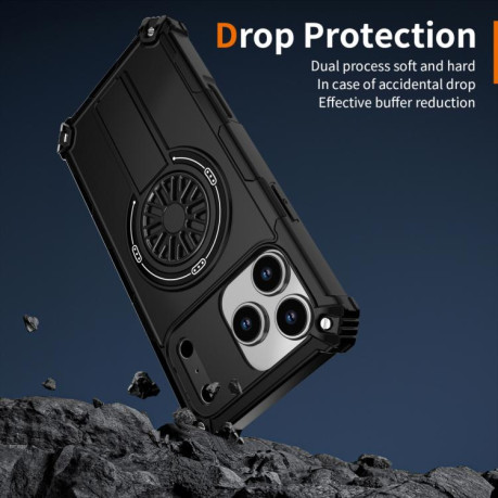 Противоударный чехол Shockproof Kickstand Metallic Shaft MagSafe на iPhone 17 Pro - черный