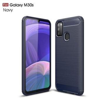 Чехол Brushed Texture Carbon Fiber на Samsung Galaxy M21/M30s- темно-синий