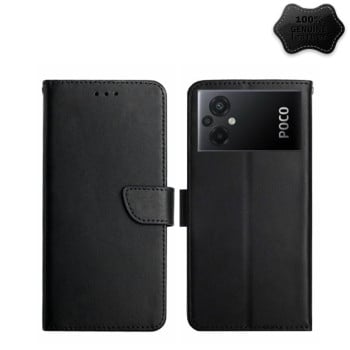 Кожаный чехол-книжка Genuine Leather Fingerprint-proof для Xiaomi Poco M5 4G/5G/M4 5G - черный