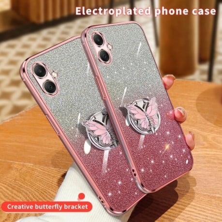 Противоударный чехол Plated Gradient Glitter Butterfly Holder для Samsung Galaxy A06 4G - розовый