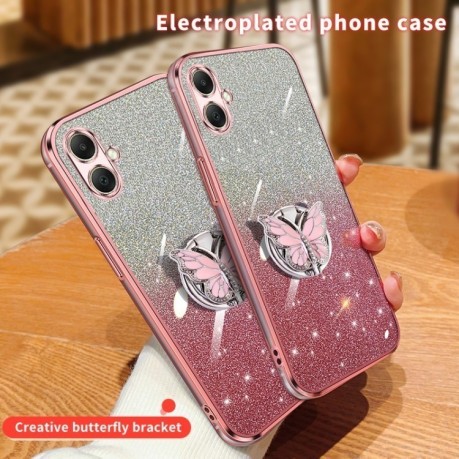 Противоударный чехол Plated Gradient Glitter Butterfly Holder для Samsung Galaxy A06 4G - голубой