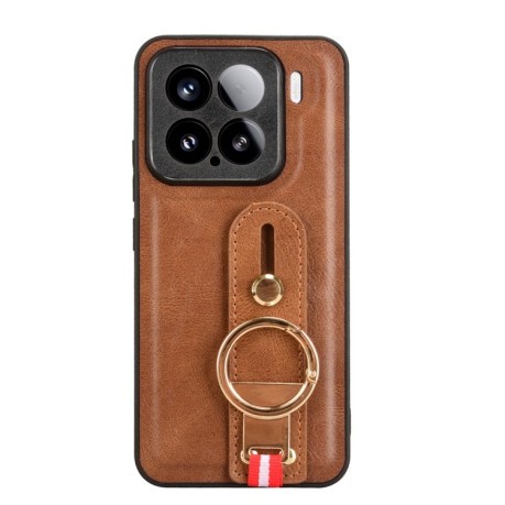 Противоударный чехол Wristband Leather Back для Xiaomi 15 - коричневый