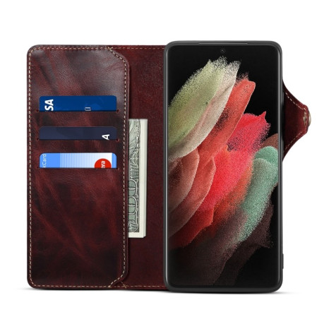 Кожаный чехол-книжка Denior Oil Wax для Samsung Galaxy S23 Ultra 5G - темно-красный