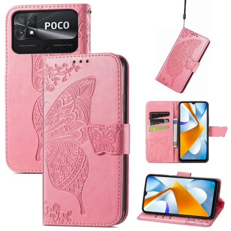 Чехол-книжка Butterfly Love Flower Embossed на Xiaomi Poco C40/Redmi 10c - розовый