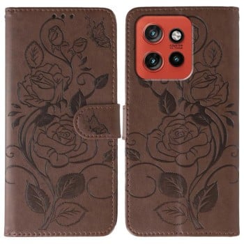Чехол-книжка Rose Butterfly Embossed Leather на Motorola Edge 60 Neo 5G — коричневый