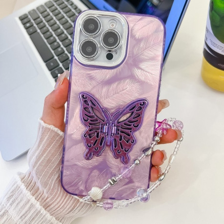 Противоударный чехол Plating Glitter Lens Film Texture Butterfly Holder Wristband для iPhone 16 Pro Max - Purple Feathers