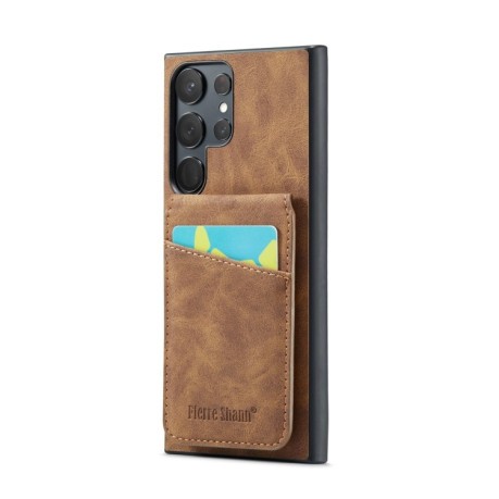 Протиударний чохол Fierre Shann Crazy Horse Card Holder на Samsung Galaxy S24 Ultra 5G - коричневий