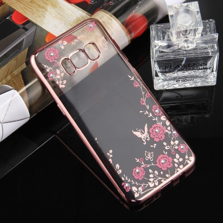 Силиконовый чехол-накладка Flowers Pattern Diamond Encrusted Electroplating на Samsung Galaxy S8/G950- розовое золото