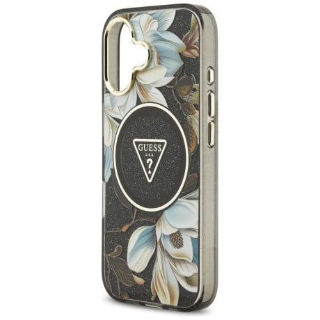 Оригінальний чохол Guess IML Glitter Flowers Triangle з MagSafe на iPhone 17 - black
