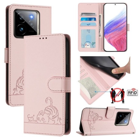 Чехол-книжка Cat Embossing Pattern на Realme GT 7 Pro 5G - розовый