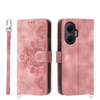 Чехол-книжка Skin-feel Flowers Embossed для Xiaomi Poco F7 - рожевий