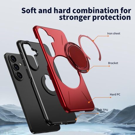 Чехол Metal Rotation Holder MagSafe TPU Hybrid PC с металлическим поворотным держателем и MagSafe для Samsung Galaxy S26+ 5G — красный