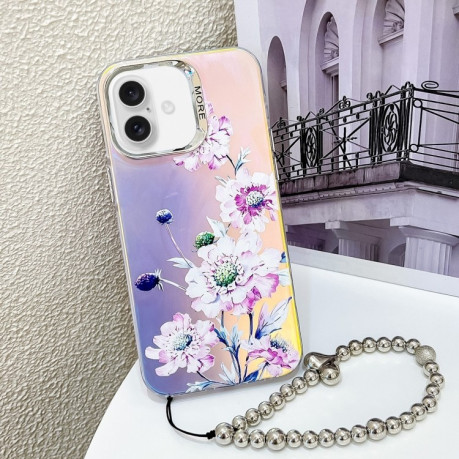 Чехол Electroplating Laser Flower Phone Case with Wrist Strap на  iPhone 16 Plus - Zinnia