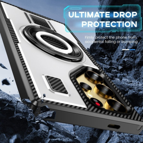 Противоударный чехол Ring Holder Carbon Fiber PC Hybrid TPU для Samsung Galaxy S25 Ultra 5G - белый