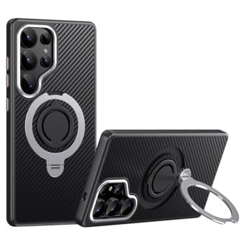 Протиударний чохол Carbon Fiber MagSafe 360 Degree Rotating Holder  для Samsung Galaxy S25 Ultra 5G - чорно-сріблястий