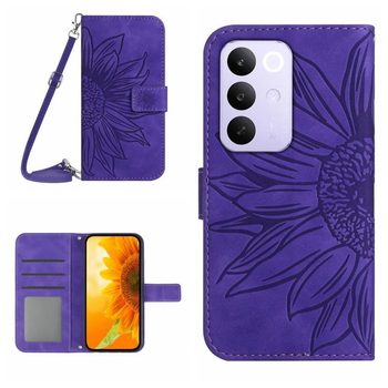 Чехол-книжка Skin Feel с рисунком подсолнуха на Realme C85 Pro 4G — тёмно-фиолетовый
