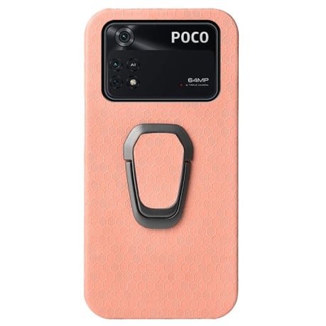 Противоударный чехол Honeycomb Ring Holder для Xiaomi Poco M4 Pro 5G - розовый