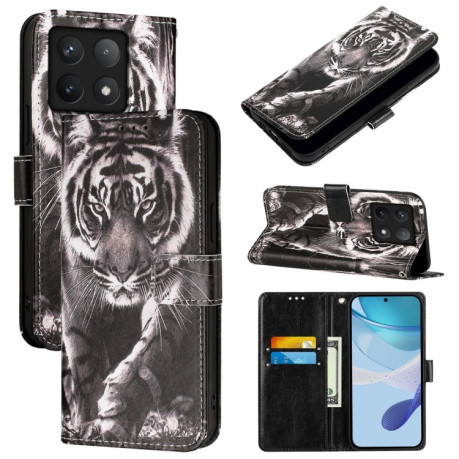 Чехол-книжка Colored Drawing Pattern Plain Weave Leather для Xiaomi 14T Pro - Black And White Tiger