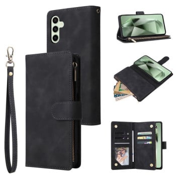 Чехол-книжка Multifunctional Frosted Zipper Wallet с матовой фактурой и ремешком на Samsung Galaxy S25 FE 5G - черный