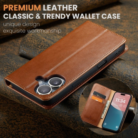 Кожаный чехол-книжка Fierre Shann Genuine leather для iPhone 16 Plus - коричневый