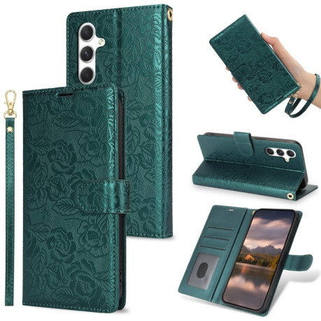 Чехол-книжка Peony Flowers Imprint Leather на Samsung Galaxy A36 - зеленый