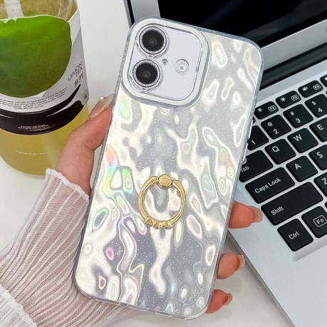 Противоударный чехол Plating Glitter Texture Ring Holder для iPhone 16 - White Wrinkles