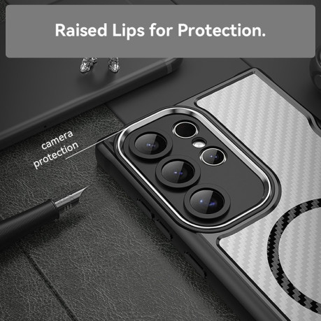 Ударозащитный чехол Carbon Fiber Texture MagSafe Translucent на Samsung Galaxy S25 Ultra 5G - черный