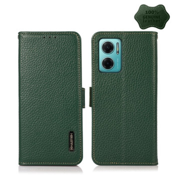 Кожаный чехол-книжка KHAZNEH Genuine Leather RFID для Xiaomi Redmi Note 11E / Redmi 10 5G - зеленый