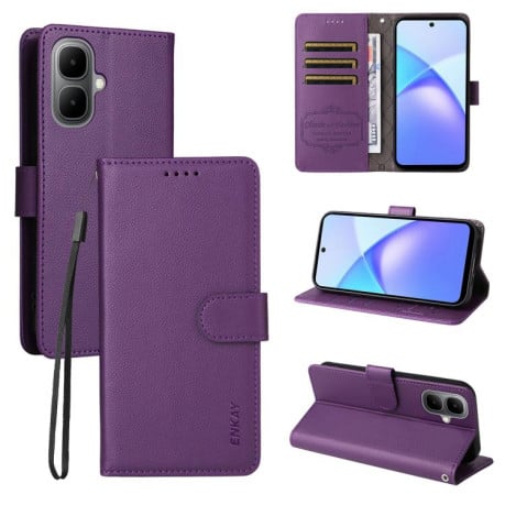 Чохол-книжка ENKAY RFID Blocking Wallet Kickstand з фактурою Litchi та магнітним хлястиком на Infinix Smart 10 4G - фіолетовий