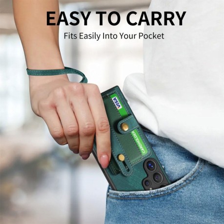 Противоударный чехол Retro Cross Wristband Wallet Leather для Samsung Galaxy S24 Ultra 5G - зеленый